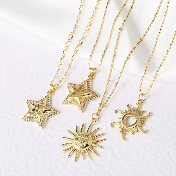 AS jewelry retro sun pendant necklace copper plated real gold five-pointed star clavicle chain nkz04