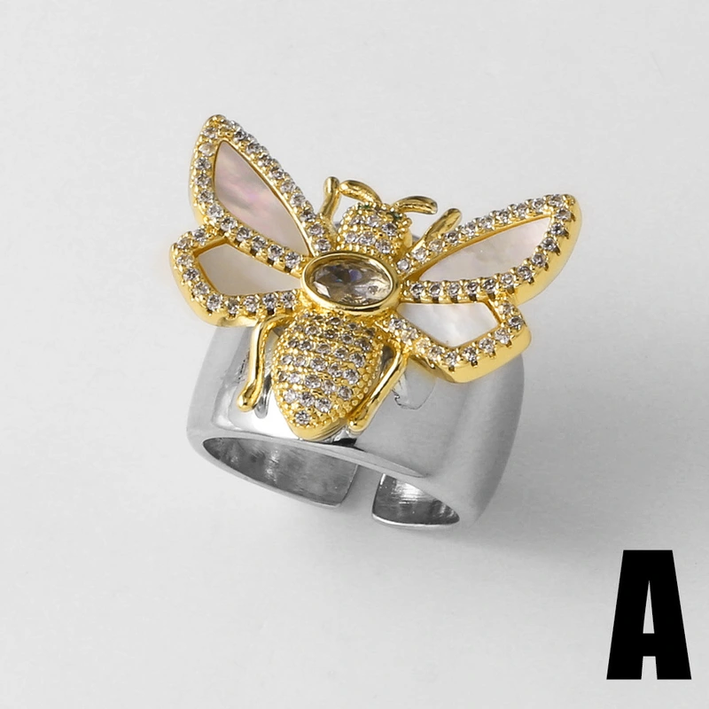 AS jewelry hot-selling two-color full zircon bee gold-plated open ring ring riq78 ring