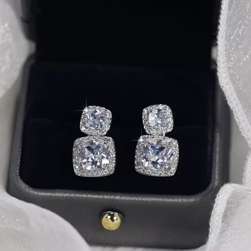 Temperament square flash zircon earrings luxury high-end evening party accessories elegant lady earrings