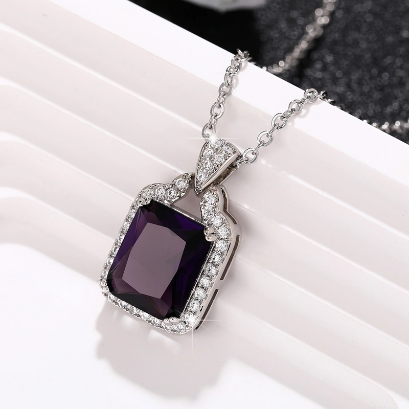 European and American light luxury fashion colored gemstone necklace fat rectangular zircon large pendant personality full diamond women's clavicle chain