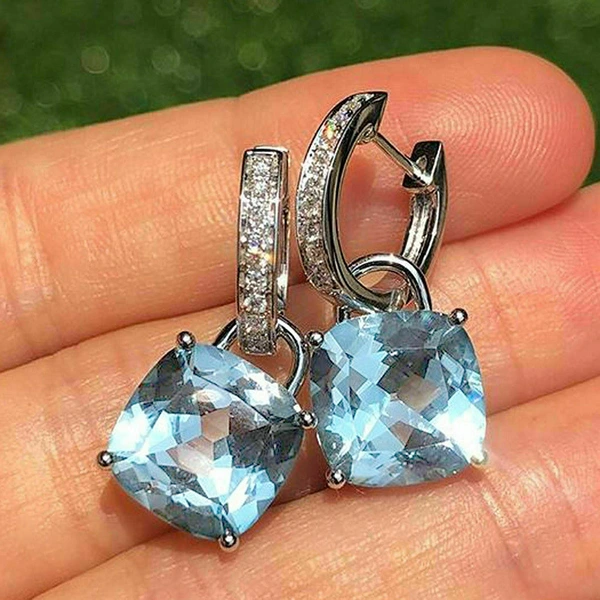 New earrings inlaid with light blue fat square zircon earrings Valentine's Day gift earrings wholesale