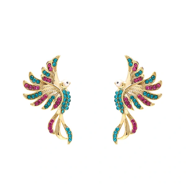  Ethnic style colorful auspicious bird earrings for women, fashionable and elegant temperament jewelry, micro-inlaid metal oil drop