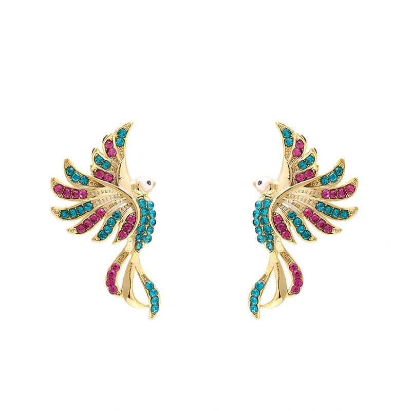  Ethnic style colorful auspicious bird earrings for women, fashionable and elegant temperament jewelry, micro-inlaid metal oil drop
