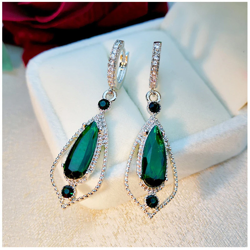 Luxury palace style emerald diamond zircon earrings European and American creative hollow water drop exaggerated earrings for women