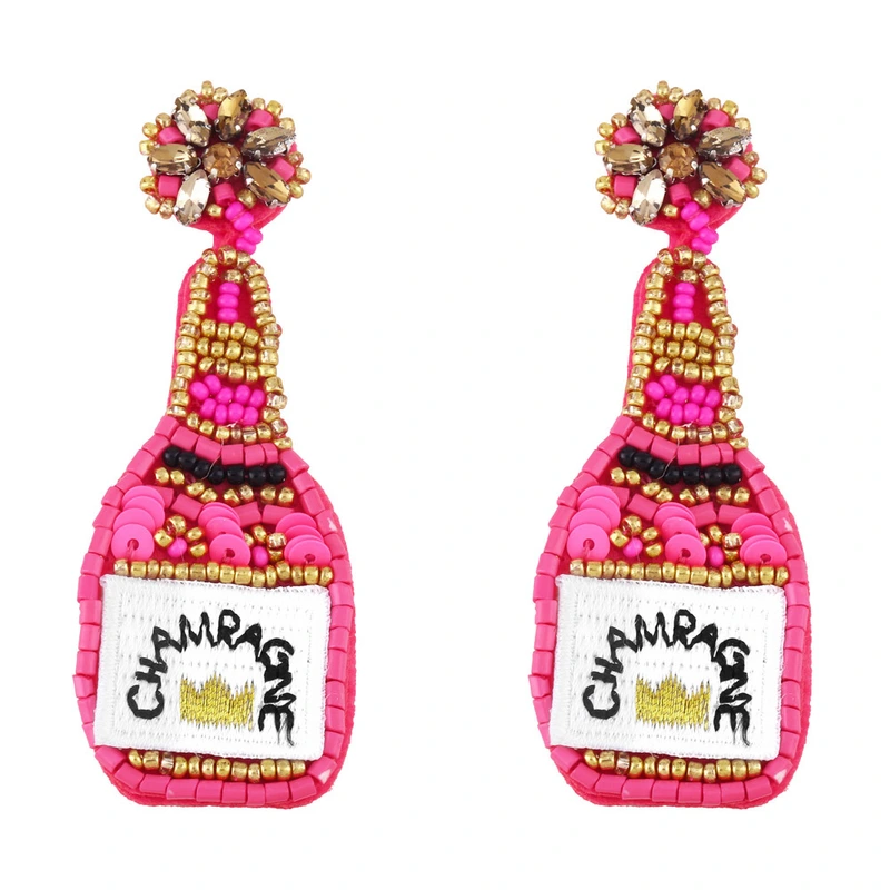 Clearance European and American exaggerated champagne bottle rice bead sequin earrings female embroidered letters CHAMEAGNE earrings ery15