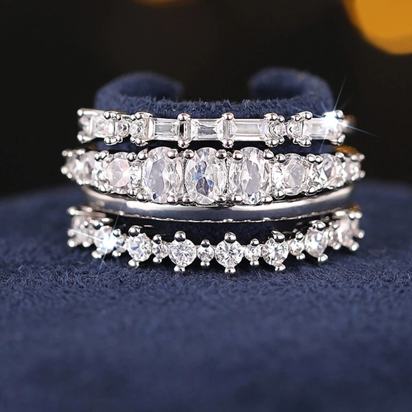 European and American light luxury high-end geometric ring women's shiny fashion ring four-piece set engagement wedding jewelry