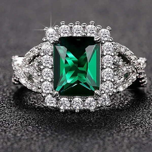  European and American retro rectangular green ring design temperament light luxury index finger ring cross pavé ring female