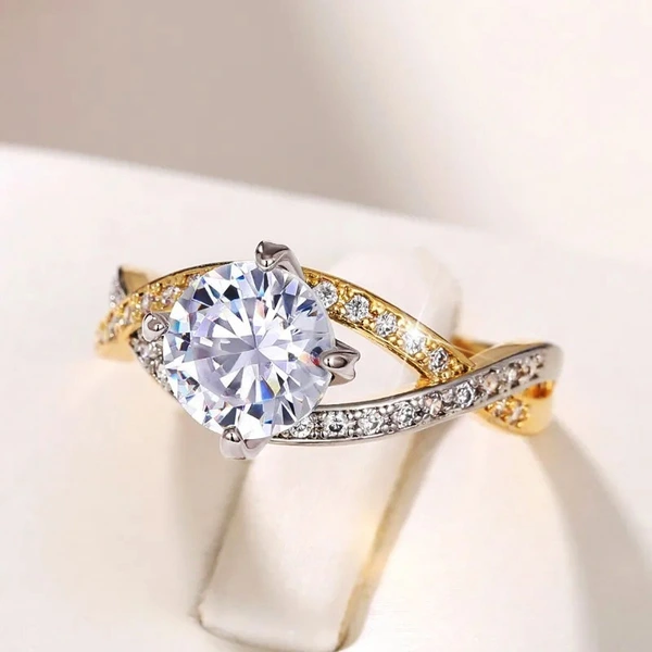  Classic four-claw imitation zircon micro-inlaid ring women's double row two-color twist arm ring engagement wedding ring women