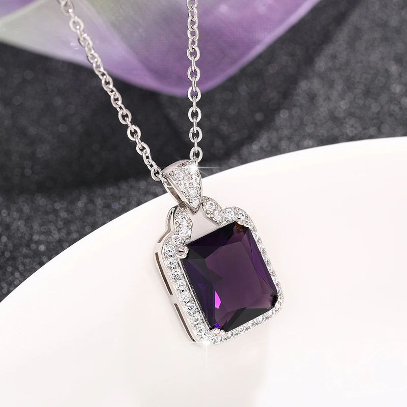 European and American light luxury fashion colored gemstone necklace fat rectangular zircon large pendant personality full diamond women's clavicle chain