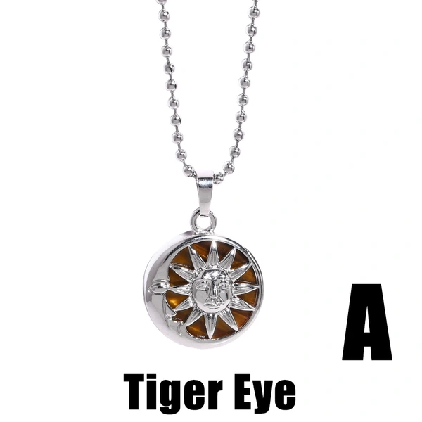 Retro sun pendant necklace Chinese style geometric tiger eye stone wrapped dragon pendant men and women jewelry nkb664