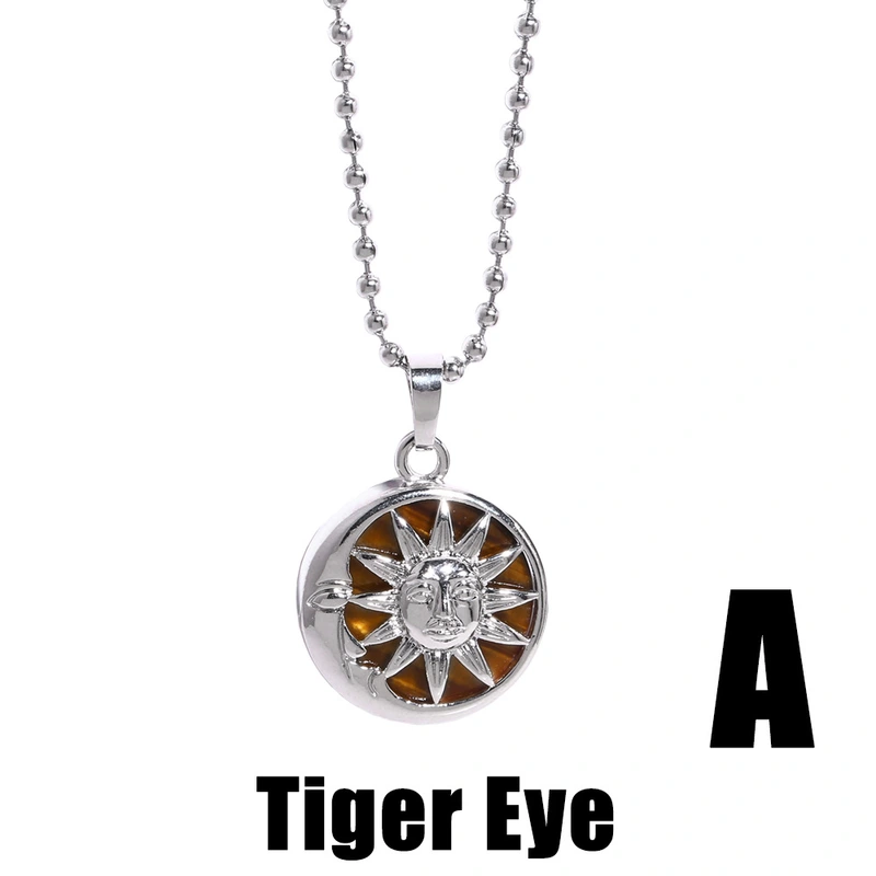 Retro sun pendant necklace Chinese style geometric tiger eye stone wrapped dragon pendant men and women jewelry nkb664