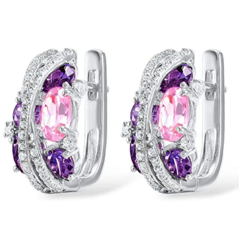 Japanese romantic sweet sparkling pink zircon earrings retro creative double layer X-shaped hollow zircon earrings