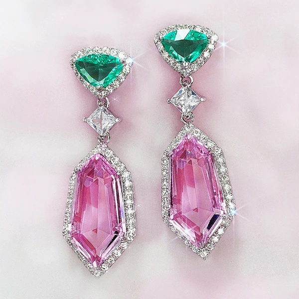 New 3A zircon pink element imitation crystal earrings simple temperament long women's earrings