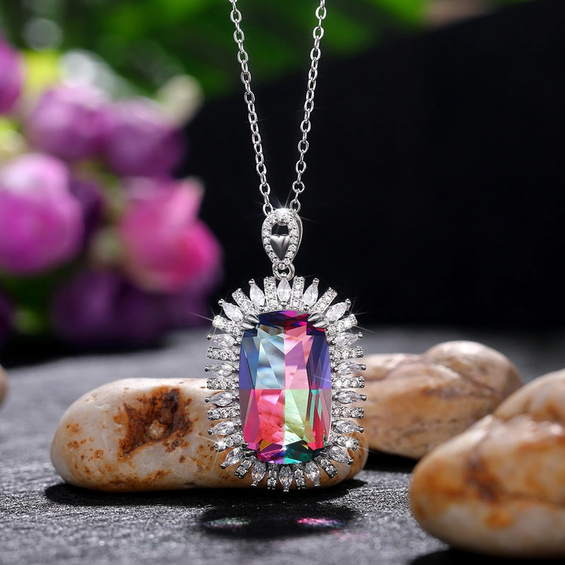 New Recommendation 23*14mm Super Large Gradient Colored Gemstone Pendant Mother's Day Gift Necklace