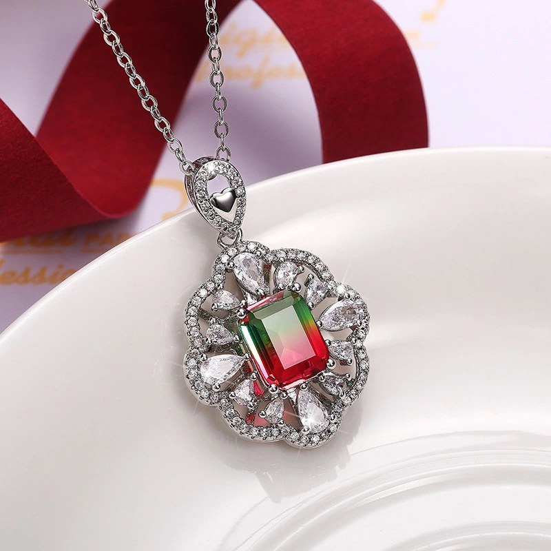 New exquisite hollow flower colored gemstone necklace luxury women's zircon pendant O chain