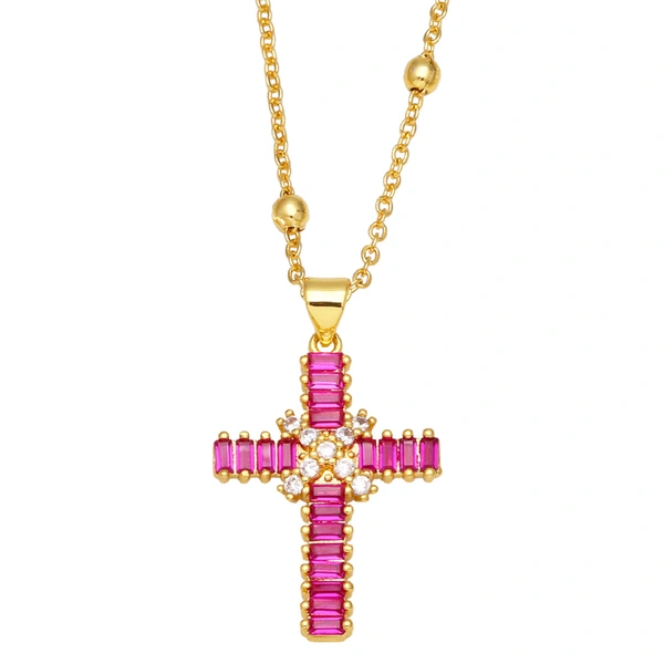 European and American jewelry style fashion micro-inlaid colored zircon geometric cross pendant necklace for women nkb412