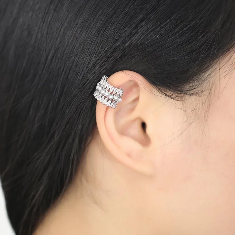 AS jewelry European and American simple inlaid zircon double layer love pearl ear bone clip earrings female era036