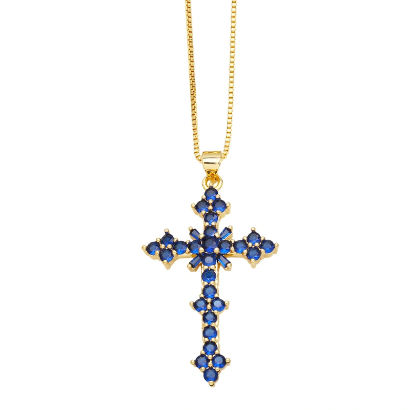 European and American jewelry micro-inlaid colored zircon cross pendant necklace hip hop retro clavicle chain nks87