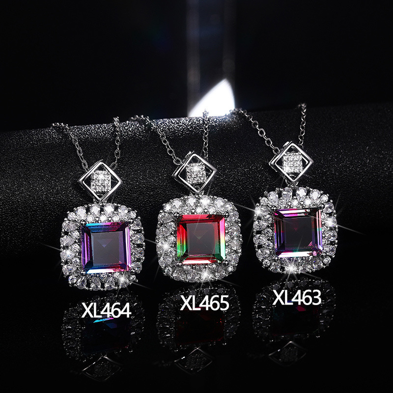 Retro full diamond super sparkling zircon pendant fashionable Japanese and Korean temperament style colored gem zircon necklace