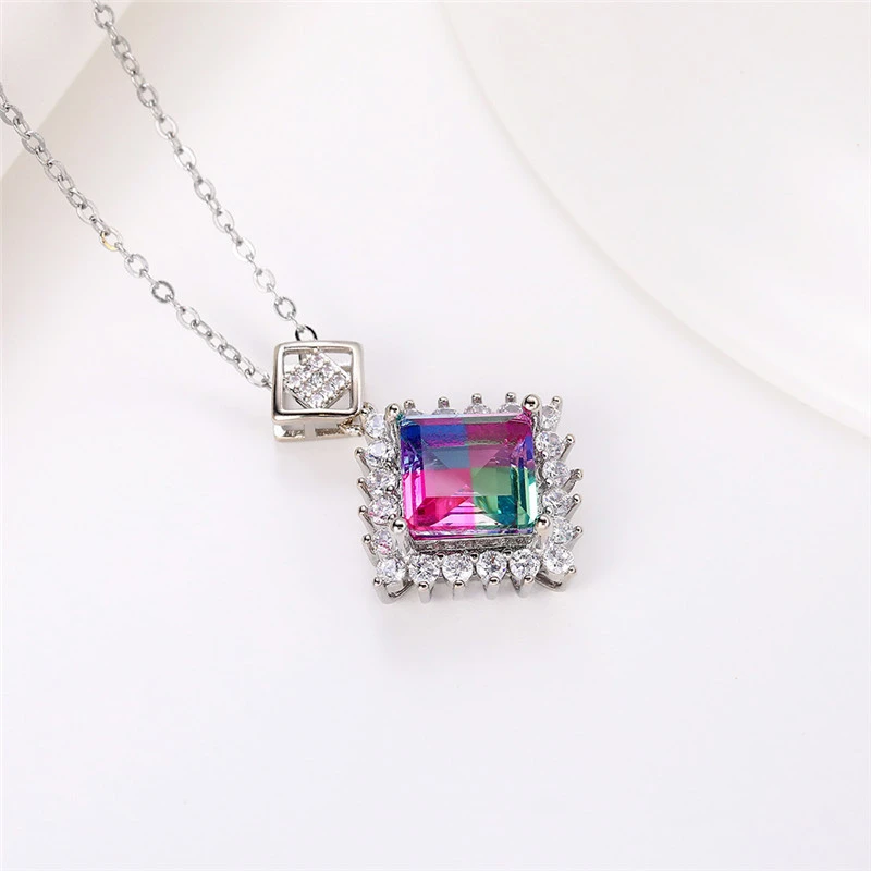 New pendant luxury geometric diamond colored gemstone necklace simulation tourmaline colored zircon clavicle chain