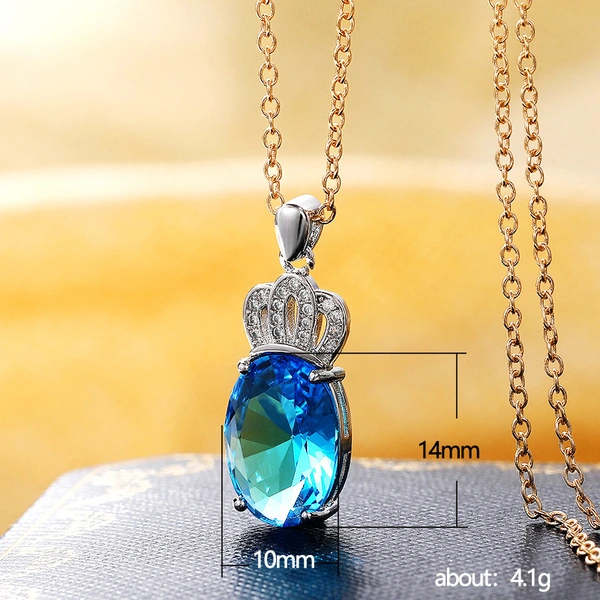   New elegant crown pendant necklace for women four-claw copper plated white gold inlaid sea blue zircon necklace