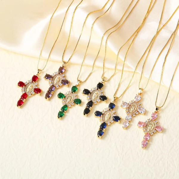 AS jewelry European and American Virgin Mary cross pendant men and women's color zircon necklace nkb462