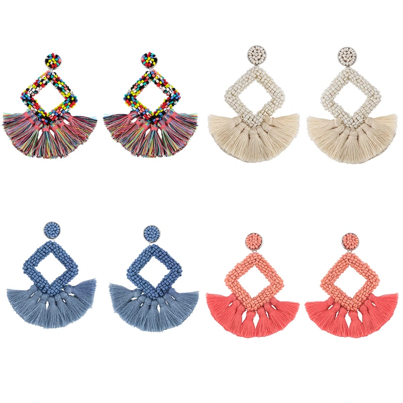 Clearance jewelry rice bead tassel earrings women's geometric diamond earrings earrings factory direct sales wholesale erq13