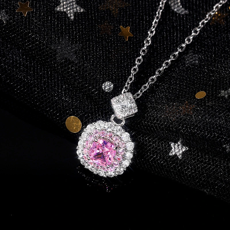 Hot-selling online live streaming princess diamond pink cluster inlaid zircon pendant necklace for women fashionable and versatile necklace