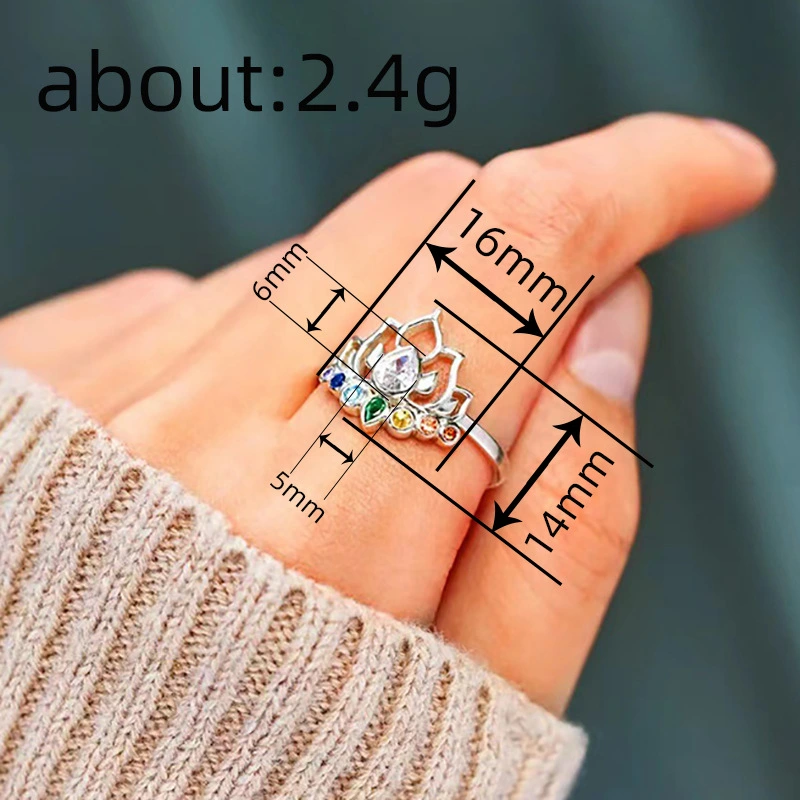  Colorful zircon lotus flower ring for women European and Korean small fresh ring daily wear jewelry