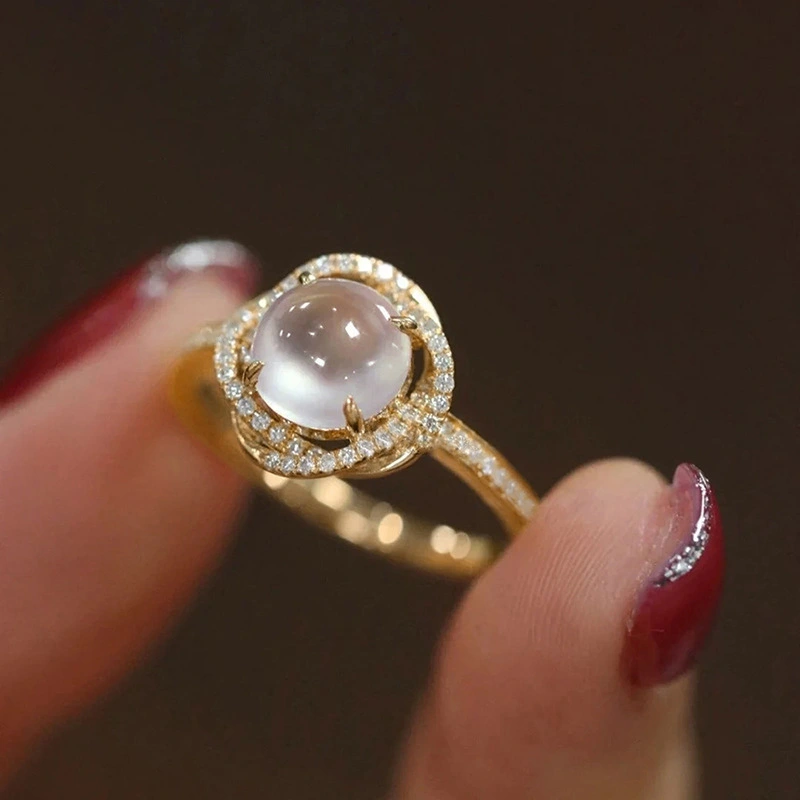  European and American temperament lady ring micro inlaid zircon imitation moonstone ring fashionable women's jewelry