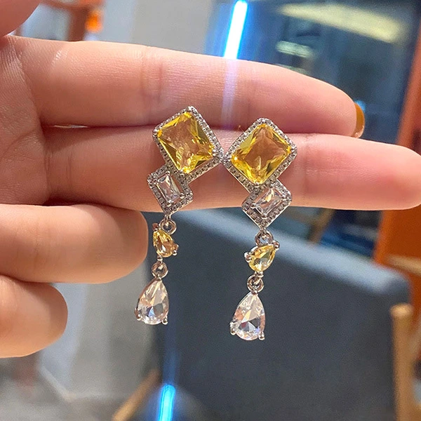 French light luxury square diamond tassel earrings for women niche design internet celebrity inlaid zircon earrings temperament accessories