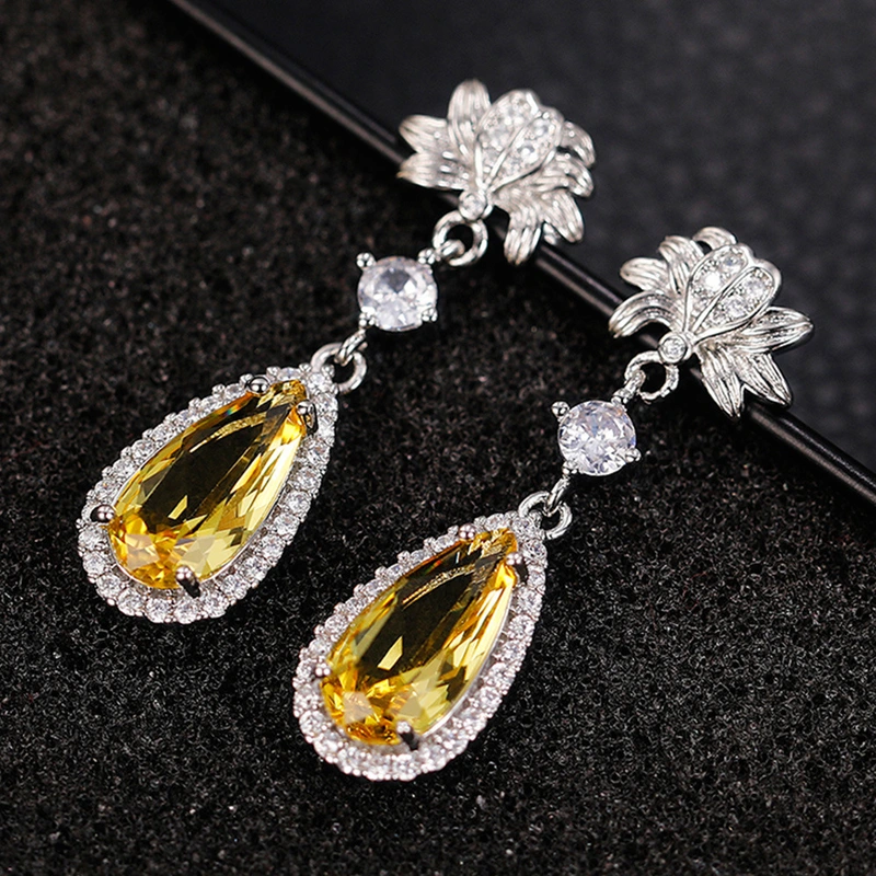 Internet celebrity live broadcast new long water drop pear-shaped flower earrings simulated yellow diamond topaz pink diamond earrings
