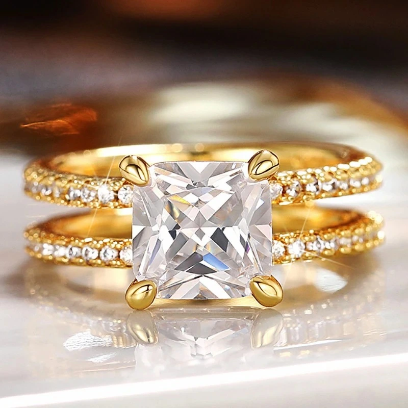   Hot selling double crown ring European and American square trendy princess jewelry super shiny four claw ring