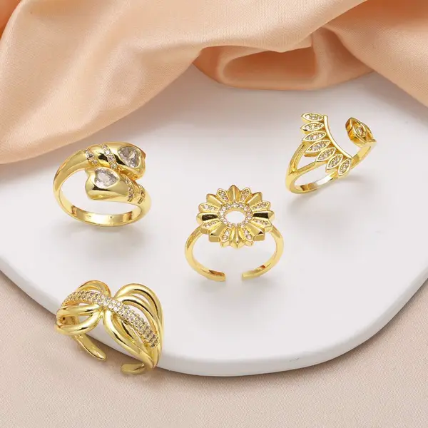 AS jewelry European and American love open ring female copper plated 18k gold heart-shaped zircon flower ring rih10