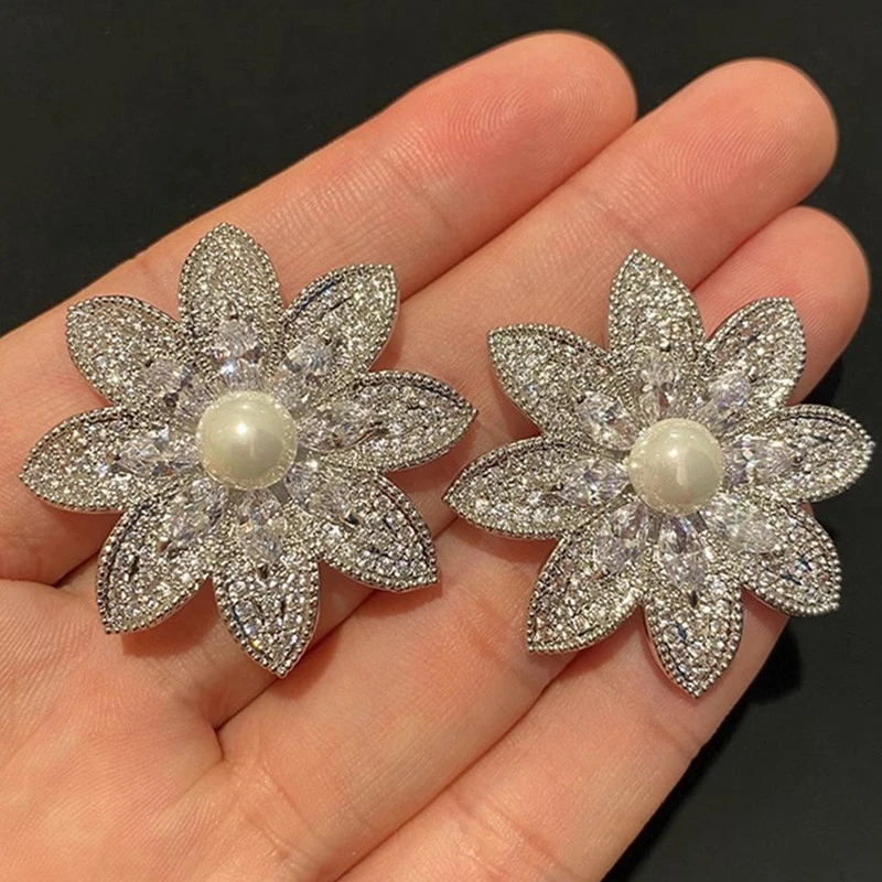  New style lady light luxury floral earrings for women exaggerated elegant imitation pearl earrings micro inlaid zircon jewelry