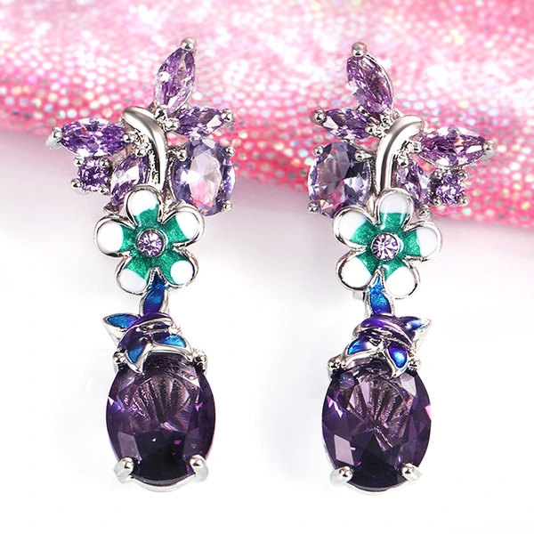 New oval purple zircon flower earrings for women European and American popular butterfly earrings for women