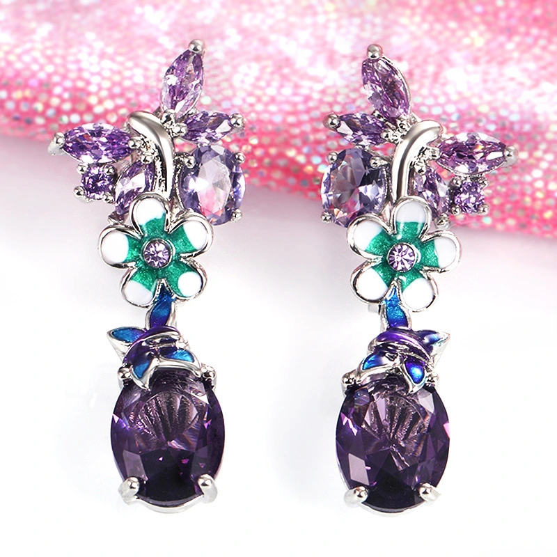 New oval purple zircon flower earrings for women European and American popular butterfly earrings for women