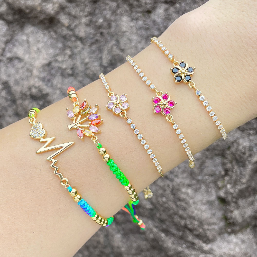 European and American braided color bracelet hand jewelry multi-color flower zircon bracelet adjustable pull bracelet brh84