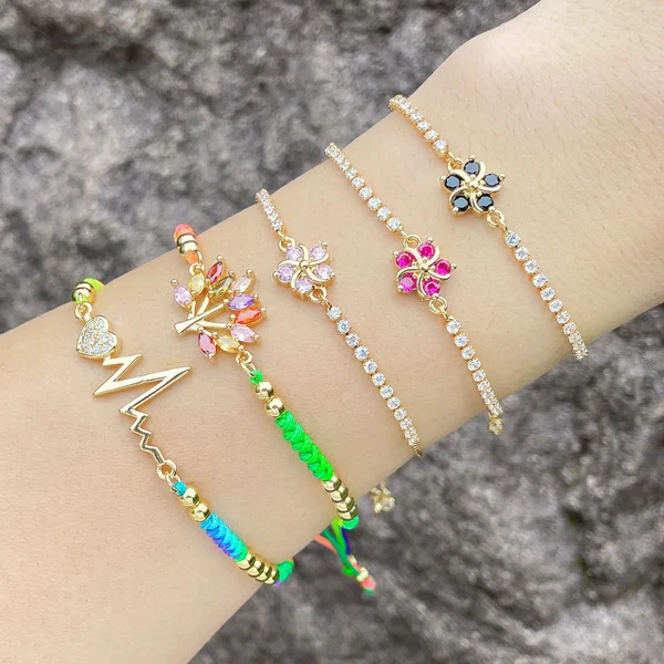 European and American braided color bracelet hand jewelry multi-color flower zircon bracelet adjustable pull bracelet brh84