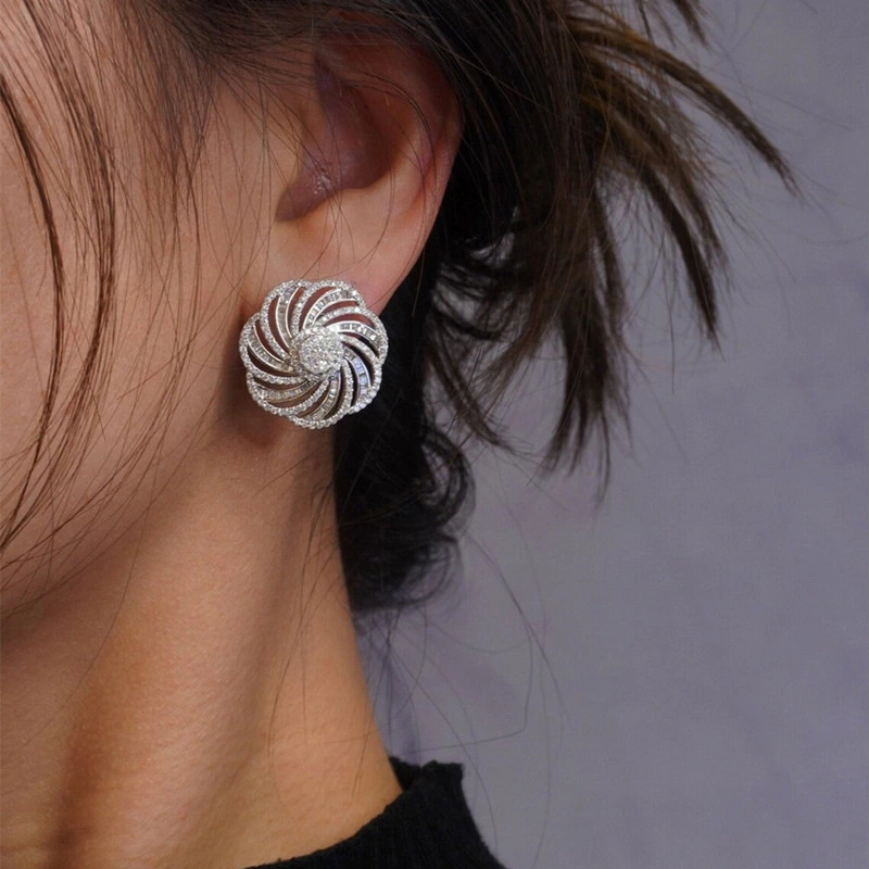 European and American inlaid zircon earrings for women, geometric lines and floral design earrings, fashionable and elegant earrings