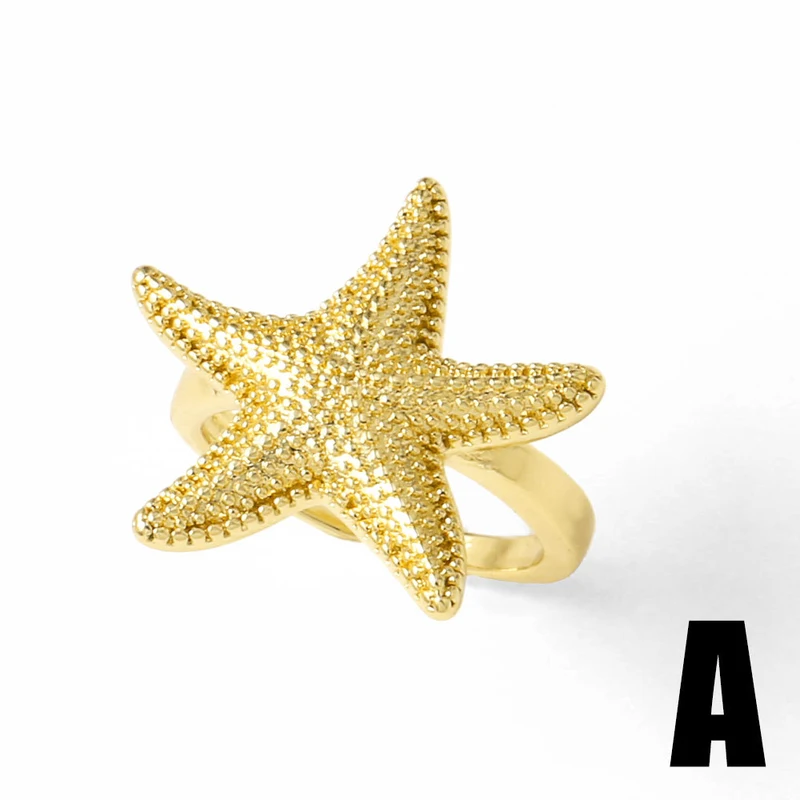 AS jewelry new hot selling starfish shell open ring female copper plated 18k gold shark ring rih59
