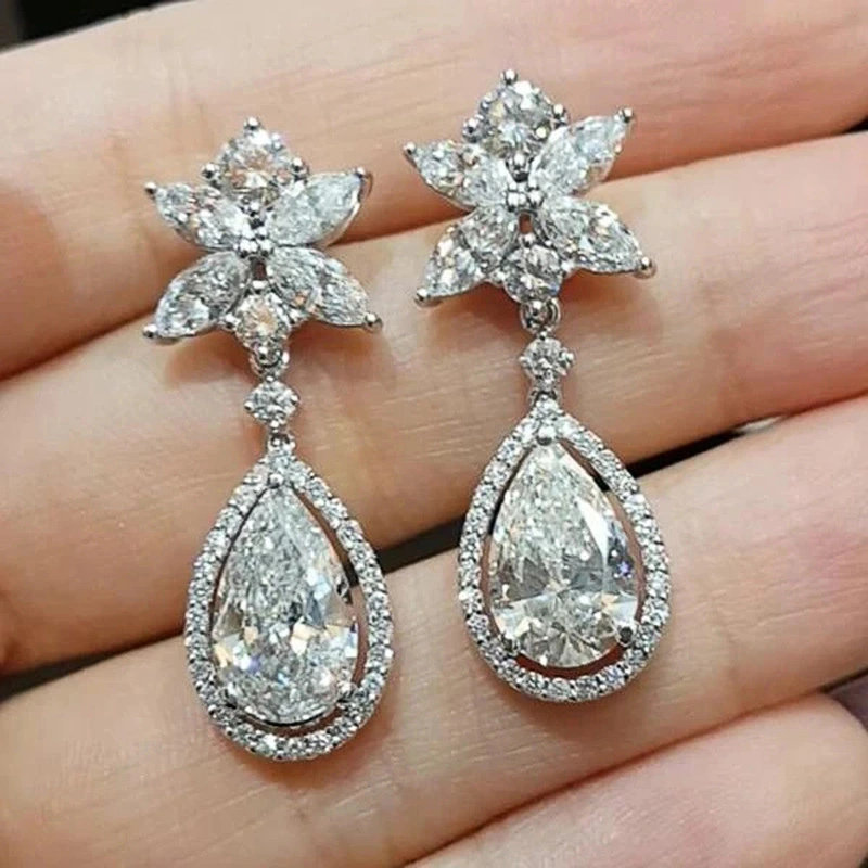 Hot selling flower earrings exquisite teardrop pear-shaped zircon earrings romantic wedding bridal earrings