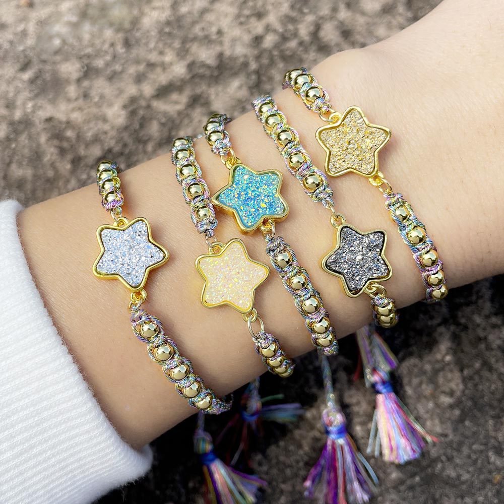 European and American Bohemian color bracelet female braided rope crystal five-pointed star ethnic style pull-out bracelet bre64