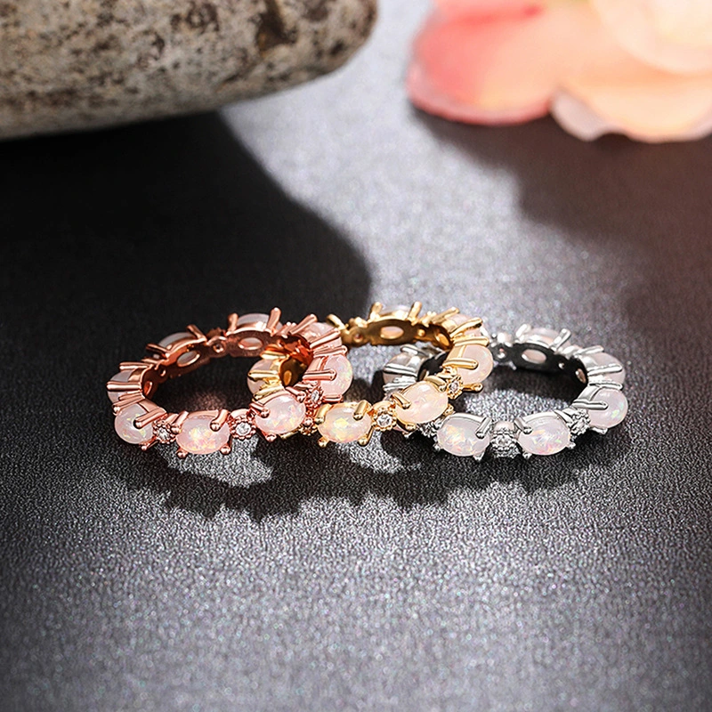 Popular bridal small oval ring imitation white fire opal stacking ring full circle design