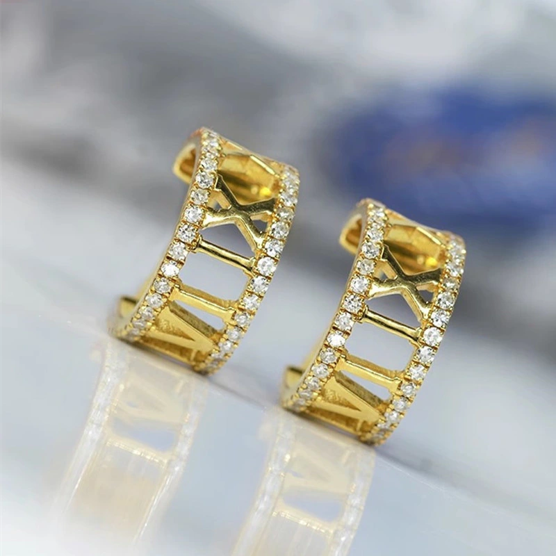  European and American Asian micro-inlaid zircon earrings with Roman numerals, fashionable and elegant French style accessories