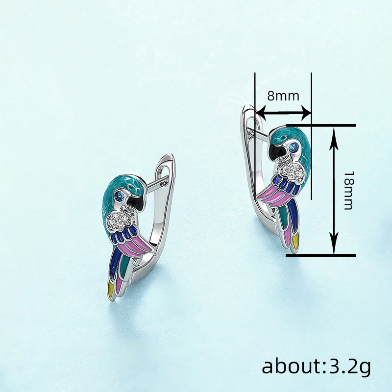 Hot selling ear clips from European and American manufacturers, oil dripping parrot bird jewelry, cute simulated animal zircon style