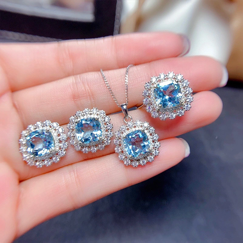 Internet celebrity live jewelry set luxury colored zircon necklace sea blue earrings and ring set