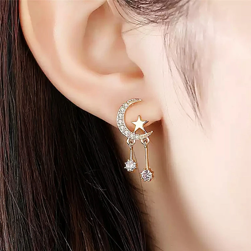 Korean style moon zircon earrings sweet star tassel earrings make your face look thinner