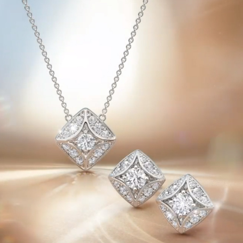 Hot jewelry set simple geometric diamond zircon earrings and necklace for women wholesale