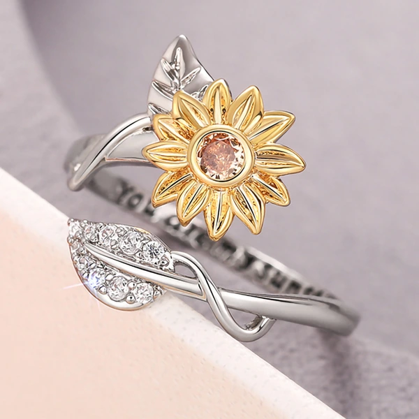  Sunflower Flower Adjustable Ring Women's Realistic Engraving Fashion Ring Popular Flower Leaf Jewelry